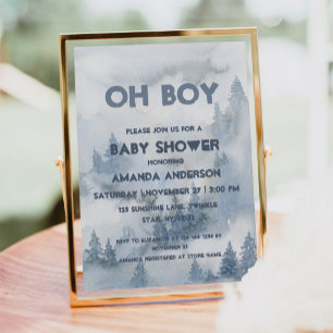 Oh Boy Watercolor Dusty Blue Winter Forest Boy Invitation