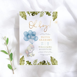  Oh Boy Watercolor Elephant & Balloons Baby Shower Invitation