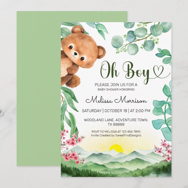 Oh Boy Watercolor Woodland Baby Shower Invitation (Front/Back)