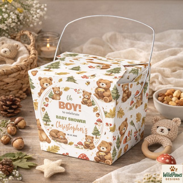 Oh Boy Watercolor Woodland Bear Baby Shower Favour Box (Oh Boy Watercolor Woodland Bear Baby Shower Favor Boxes)