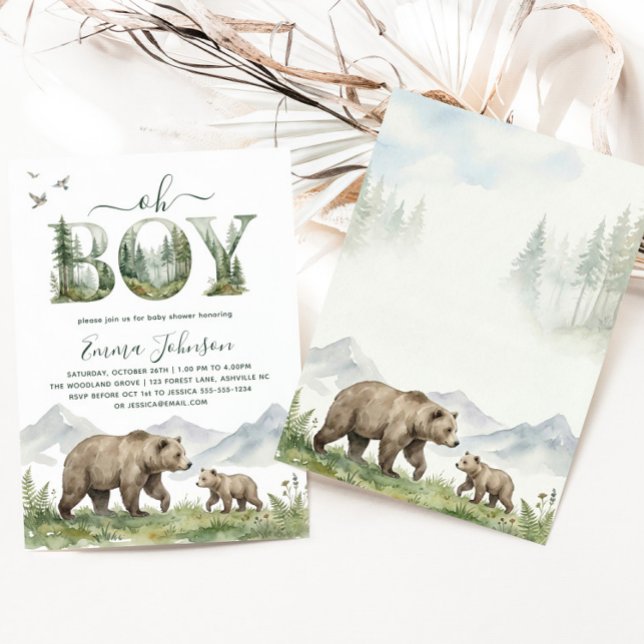 Oh Boy Watercolor Woodland Bear Baby Shower Invitation (Oh Boy Watercolor Woodland Bear Baby Shower Invitation)