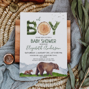 Oh Boy Watercolor Woodland Bear Baby Shower Invitation