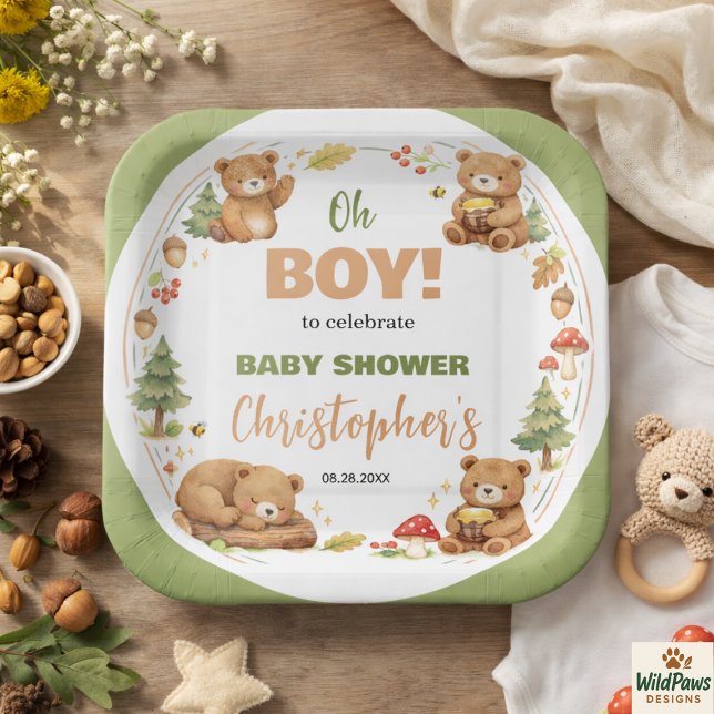 Oh Boy Watercolor Woodland Bear Baby Shower Paper Plate (Oh Boy Watercolor Woodland Bear Baby Shower Paper Plates
)