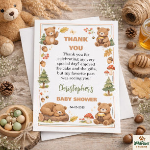 Oh Boy Watercolor Woodland Bear Baby Shower Thank You Card