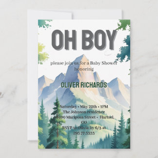 Oh Boy Watercolor Woodland Mountain Baby Shower  Invitation
