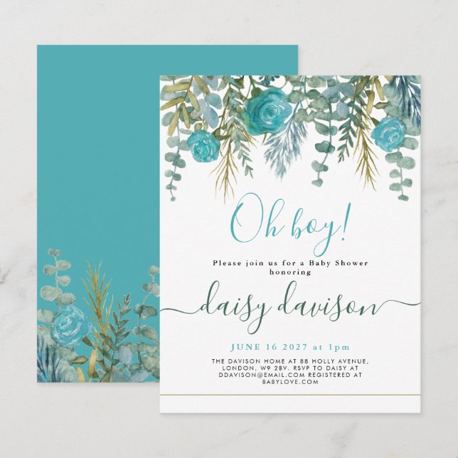 Oh Boy watercolour floral Baby Shower Invitation (Front/Back)