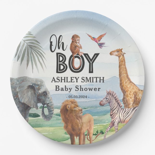 Oh Boy! Wild Safari Animals Baby Shower Paper Plate (Front)