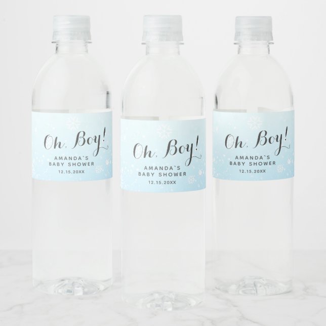 Oh Boy Winter Baby Shower | Snowflakes Blue Water Bottle Label (Bottles)