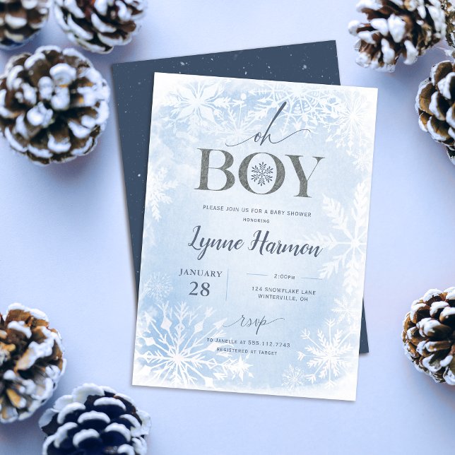 Oh Boy Winter Boy Baby Shower Invitation Blue  (Oh boy winter baby shower  invitation shown with navy back file on a blue table with pine cones
)
