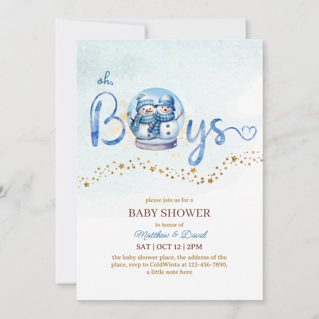 Oh Boy Winter Theme Twin Baby Shower Invitation (Front)