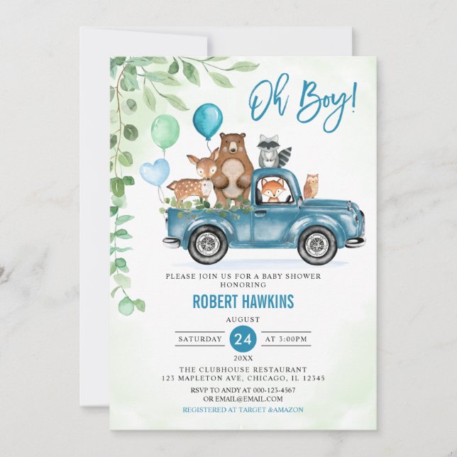 Oh Boy! Woodland Animals Blue Truck Baby Shower Invitation (Front)