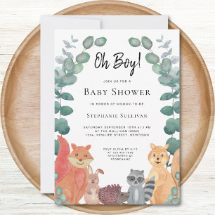 Oh Boy Woodland Animals Eucalyptus Baby Shower Invitation