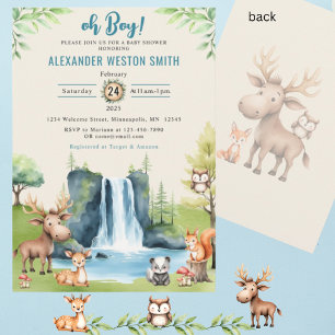 Oh Boy! Woodland Animals Waterfall Baby Shower Invitation