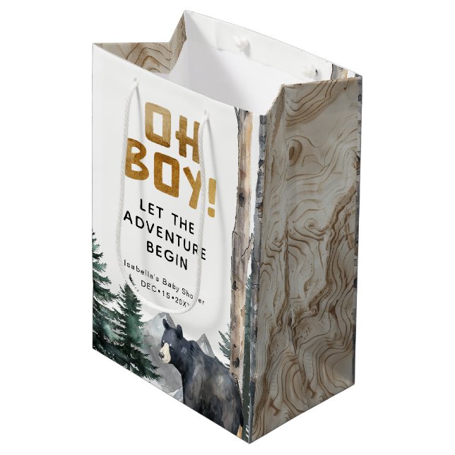 Oh Boy Woodland Bear Adventure Baby Shower  Medium Gift Bag (Front Angled)