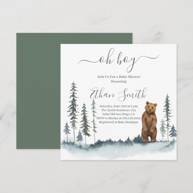 Oh Boy Woodland Bear Baby Shower Invitation (Front/Back)