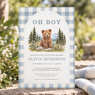 Oh Boy Woodland Bear Gingham Baby Shower Invitation