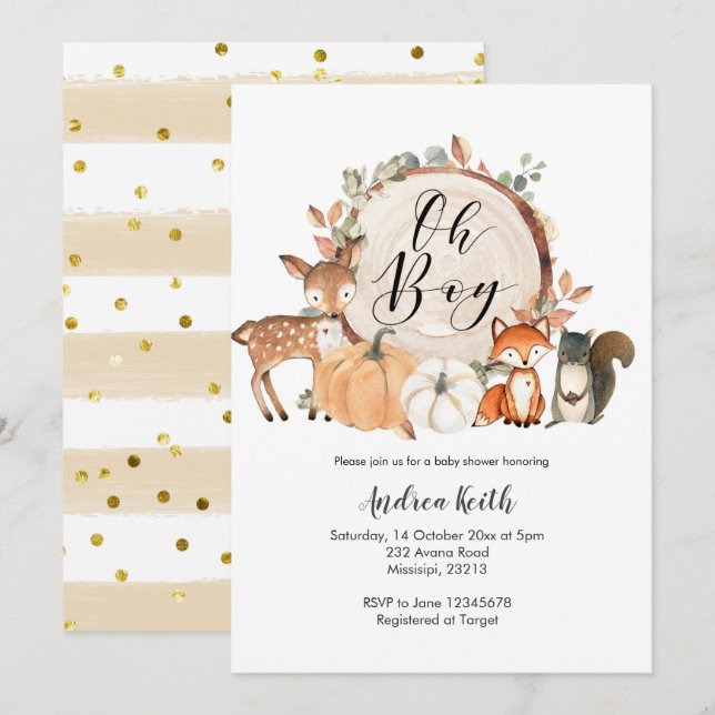 Oh Boy woodland pumpkin baby shower invitation (Front/Back)