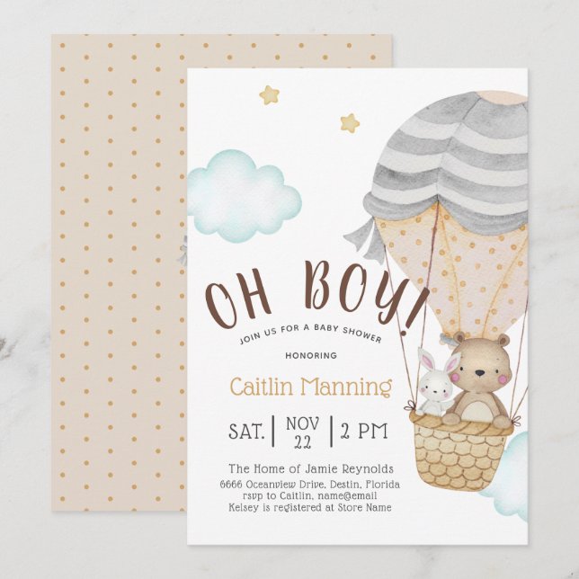 Oh Boy Woodland Teddy Bear Baby Shower Invitation (Front/Back)