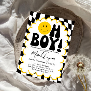 Oh Boy! Yellow Checkered Happy Face Baby Shower Invitation