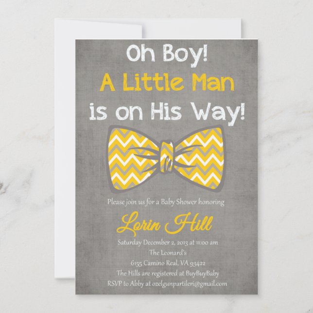 Oh Boy yellow grey bow tie baby shower invitation (Front)