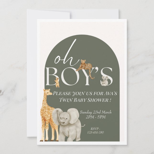 Oh Boy's Safari Animals Baby Shower Invitation  (Front)