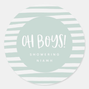 Oh boys, twin baby shower party classic round sticker