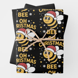 Oh Christmas Bee Santa Hat Snowflakes Stars Xmas Wrapping Paper Sheet