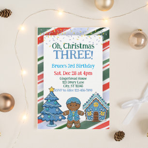 Oh Christmas Three, Blue Holiday 3rd Birthday Invitation
