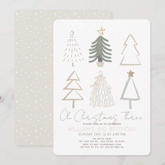 Oh Christmas Three Boho Green Trees 3rd Birthday Invitation (Front/Back)