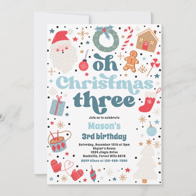 Oh Christmas Three Christmas 3rd Birthday Party Invitation (Front)