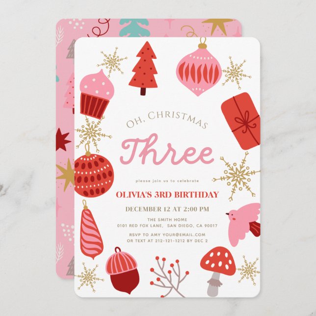 Oh Christmas Three Christmas Pink 3rd Birthday Invitation (Front/Back)