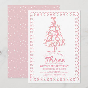 Oh Christmas Three Pink Bow Tree 3rd Birthday Invitation
