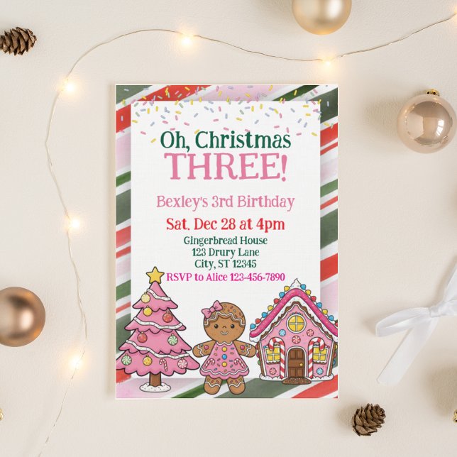 Oh Christmas Three, Pink Holiday 3rd Birthday Invitation (Creator Uploaded)