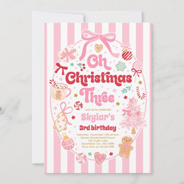 Oh Christmas Tree Coquette Bow 3rd Birthday Invitation (Front)