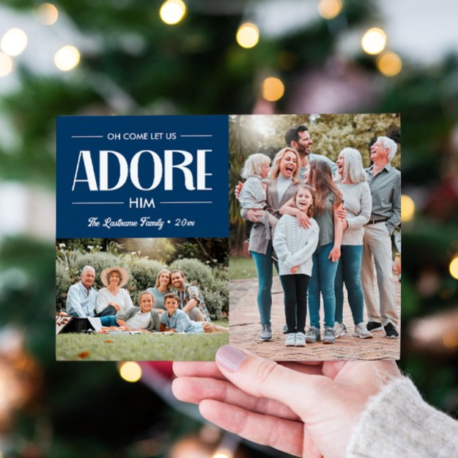 Oh Come Let Us Adore Him BLUE Christian 2 Photo  Holiday Card (CHRISTIAN RELIGIOUS CHRISTMAS TWO PHOTO TEMPLATE LANDSCAPE VERTICALE WITH FAMILY NAME)
