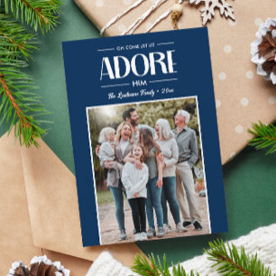 Oh Come Let Us Adore Him BLUE Christian Photo Holiday Card