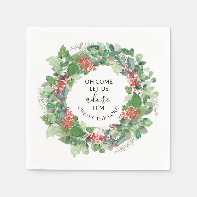 Oh Come Let Us Adore Him Christian Christmas Napkin (Front)