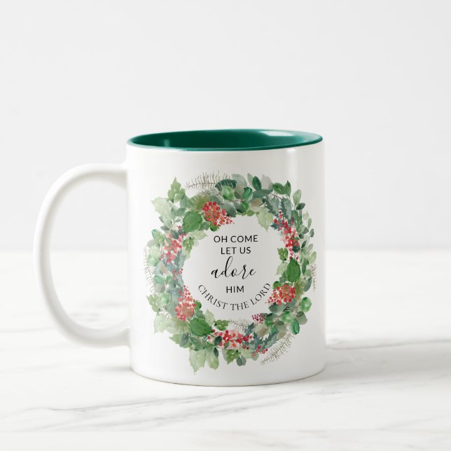Oh Come Let Us Adore Him Christian Christmas Two-Tone Coffee Mug (Left)