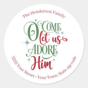 "Oh Come Let Us Adore Him Christmas Return Address Classic Round Sticker