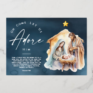 Oh Come Let Us Adore Him Christmas Silver Foil Holiday Card