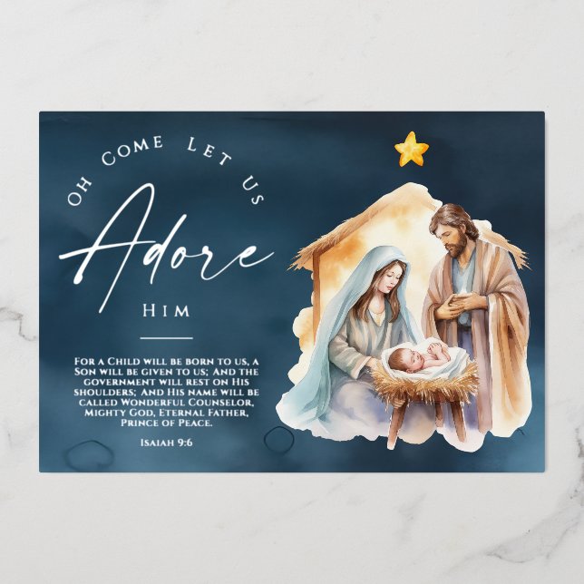 Oh Come Let Us Adore Him Christmas Silver Foil Holiday Card (Front)