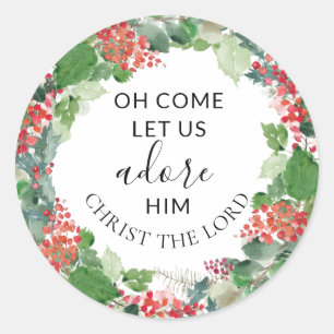 Oh Come Let Us Adore Him Elegant Christmas Wreath Classic Round Sticker