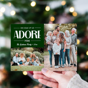 Oh Come Let Us Adore Him GREEN Christian 2 Photo Holiday Card