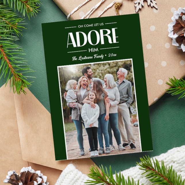 Oh Come Let Us Adore Him GREEN Christian Photo  Holiday Card (RELIGIOUS TEMPLATE PHOTO CARD WITH PORTRAIT FAMILY PHOTO AND CHRISTIAN CHRISTMAS MESSAGE)