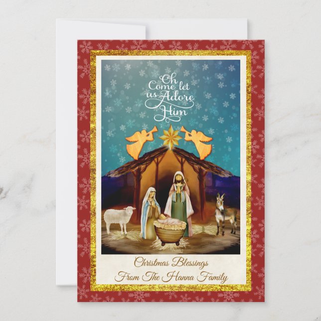 "Oh Come Let Us Adore Him" Nativity Christmas Holiday Card (Front)