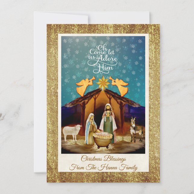 "Oh Come Let Us Adore Him" Nativity Christmas Holiday Card (Front)