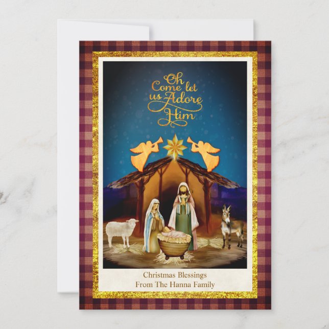 "Oh Come Let Us Adore Him" Nativity Christmas Holiday Card (Front)