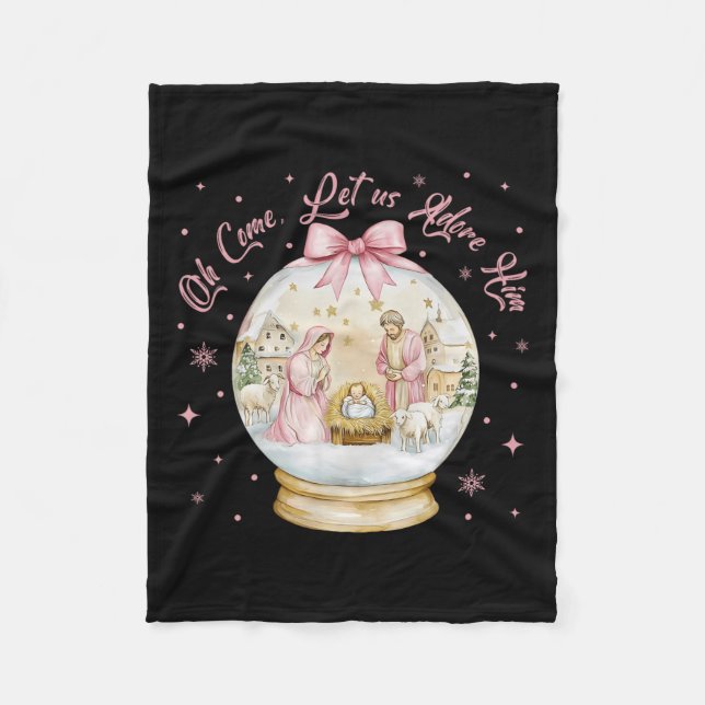 Oh Come Let Us Adore Him Nativity Scene Snow Globe Fleece Blanket (Front)