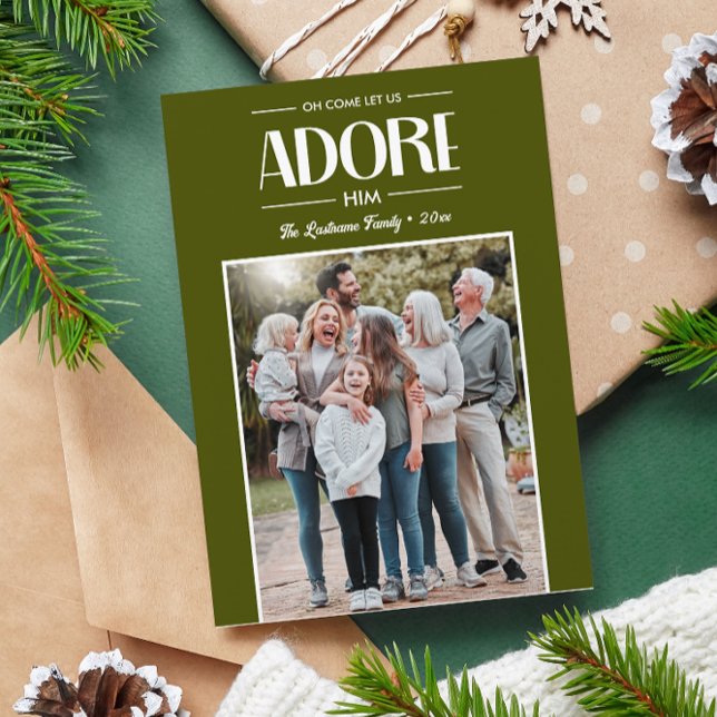 Oh Come Let Us Adore Him OLIVE Christian Photo  Holiday Card (OLIVE GREEN PHOTO CARDS WITH FAMILY PORTRAIT AND CHRISTIAN CHRISTAM OH COME LET US ADORE HIM)