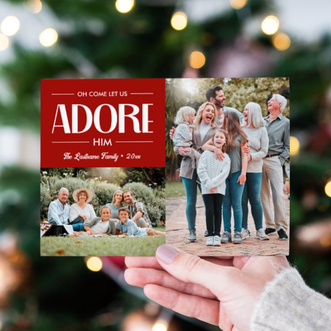Oh Come Let Us Adore Him RED Christian 2 Photo  Holiday Card (CLASSIC RED OH COME LET US ADORE HIM RELIGIOUS CHRISTMAS CARD WITH PHOTO TEMPLATE)